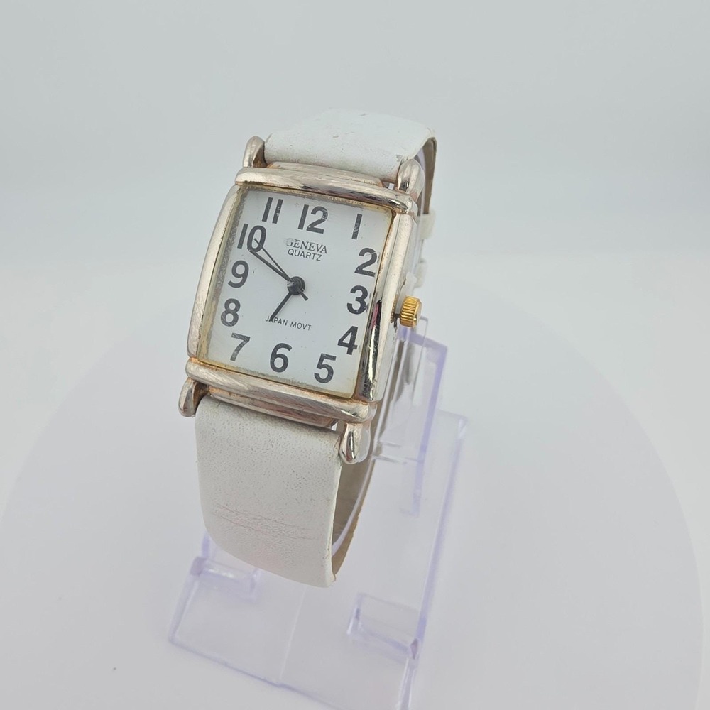 GENEVA Ladies Watch Tank Style Speidel White Leather Band Silver & Gold Tone 7"